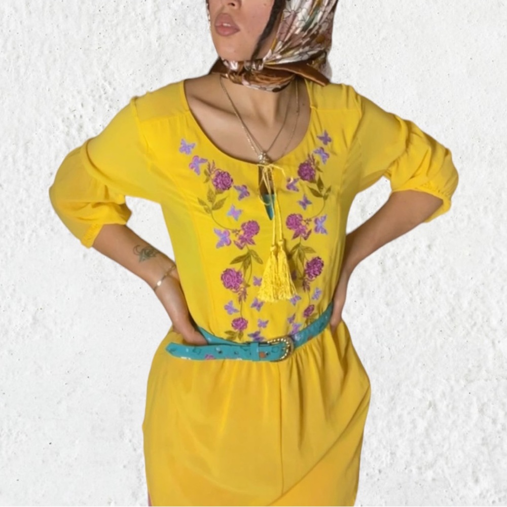 Avon Sunflower Yellow Embroidered Flowing Maternity Top Rose Butterfly Shirt